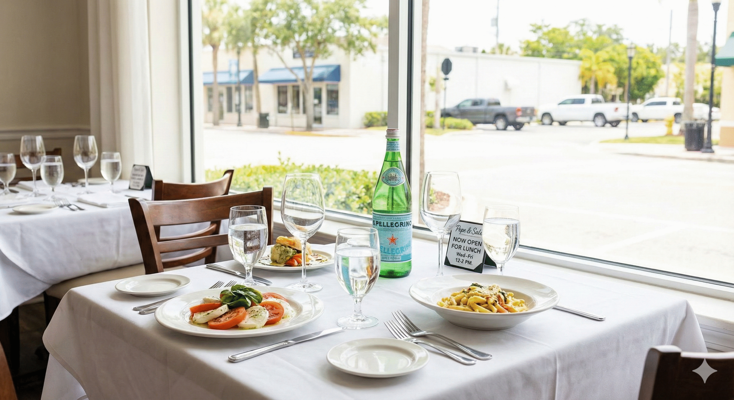 A bright and elegant table setting for lunch at Pepe & Sale in downtown Stuart, FL.