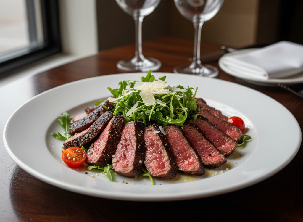 A perfectly cooked Tagliata di Manzo steak, a fine dining steakhouse alternative in Stuart, FL.