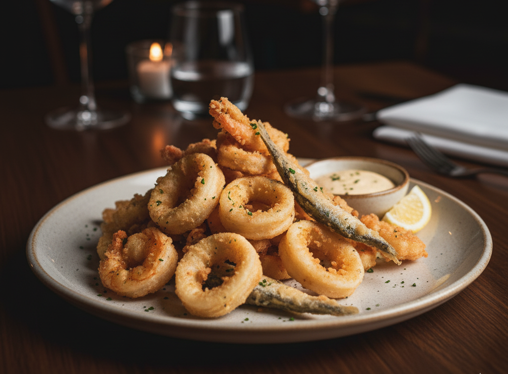A perfectly prepared dish of Friturra Mista Calamari, a signature appetizer in Stuart, FL.