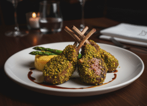 A plate of Agnello in Crosta di Pistacchio, the best lamb chops in Stuart, FL.