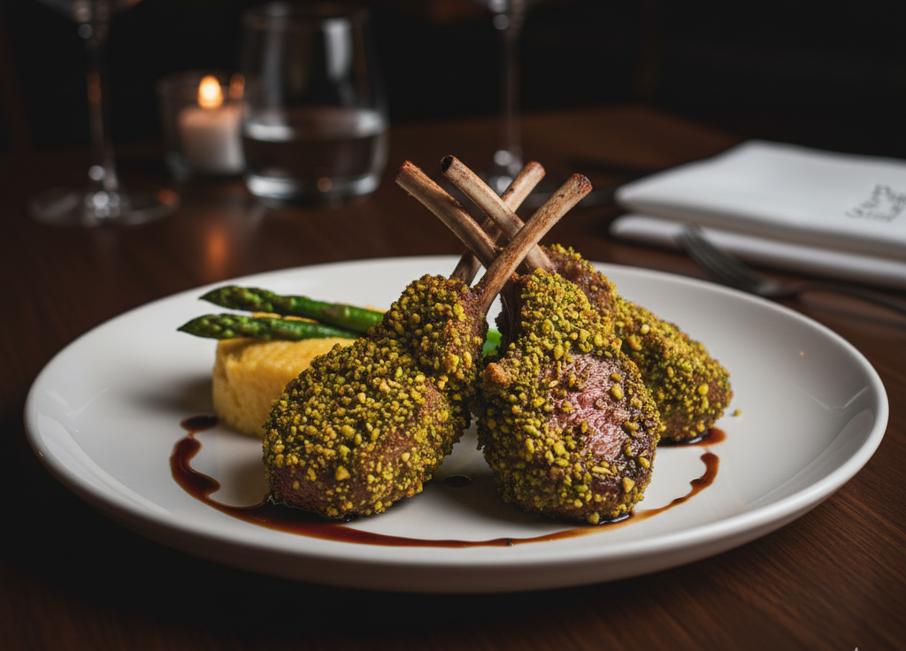 A plate of Agnello in Crosta di Pistacchio, the best lamb chops in Stuart, FL.