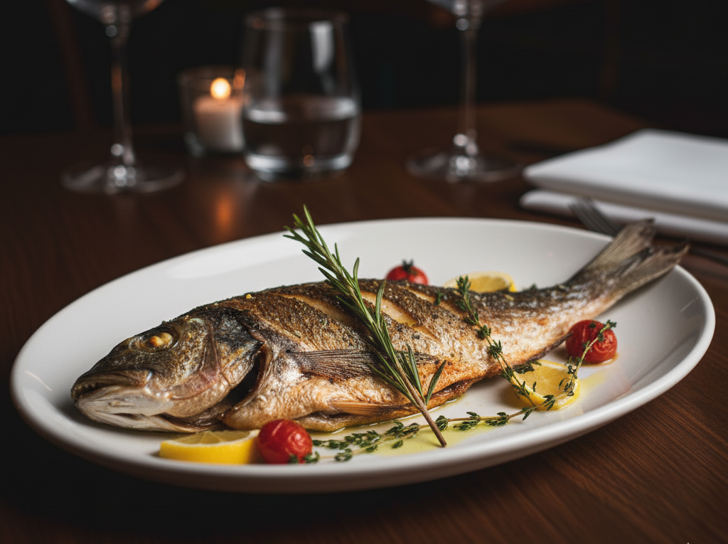 A whole-baked Branzino, a signature Mediterranean dish at Pepe & Sale in Stuart, FL.