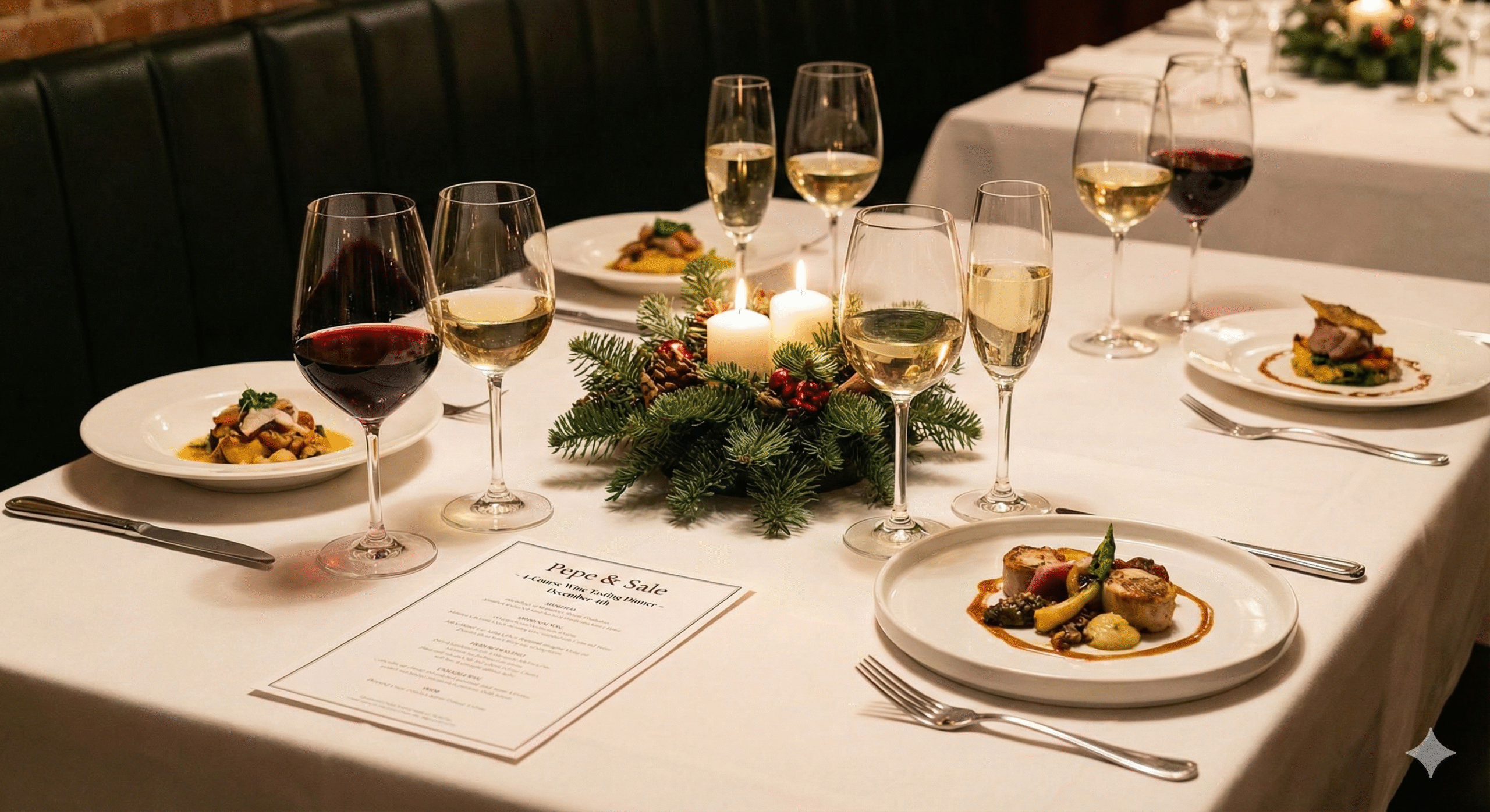 A table set for the exclusive wine tasting dinner at Pepe & Sale on December 4th.