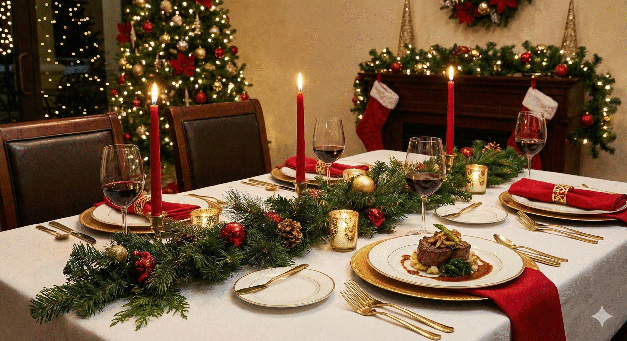 A festive holiday dining table setting at Pepe & Sale in downtown Stuart, FL.