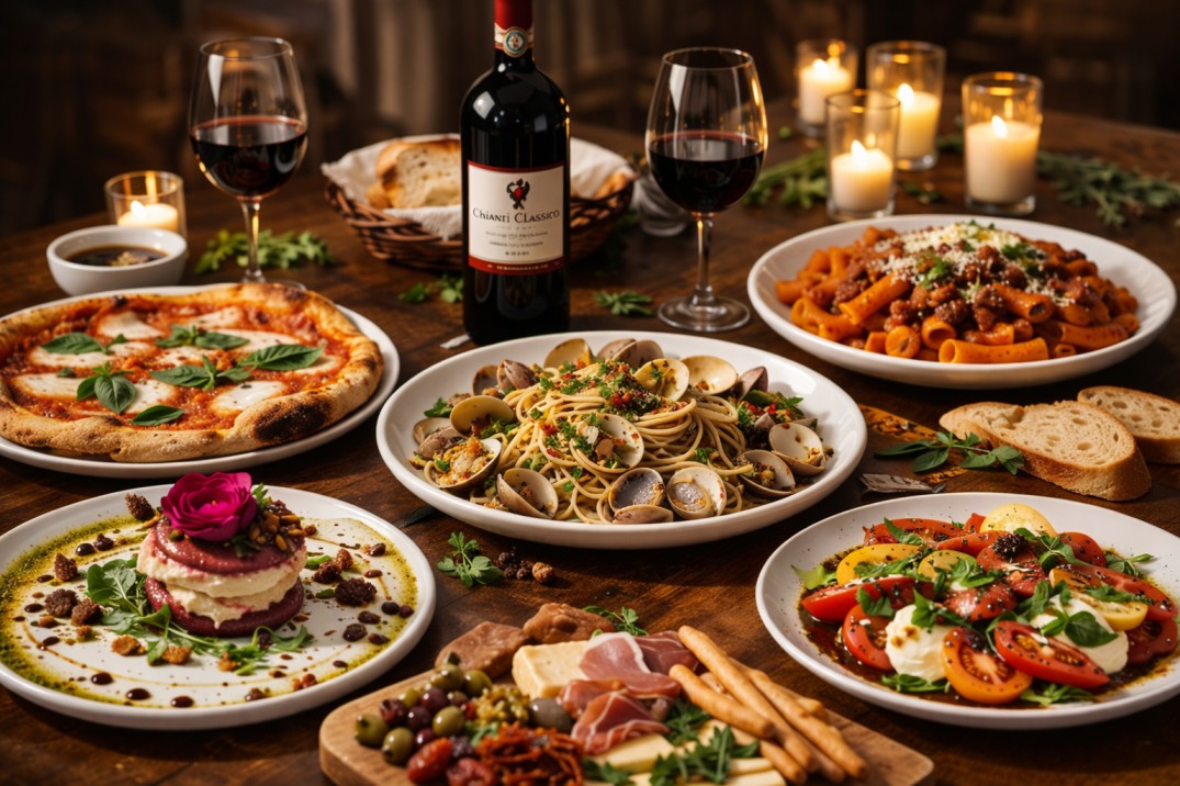 A table spread with authentic Italian dishes and wine at Pepe and Sale in Stuart FL