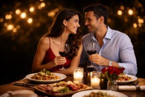 Couple enjoying a romantic Italian dinner on a date night at Pepe and Sale in Stuart FL