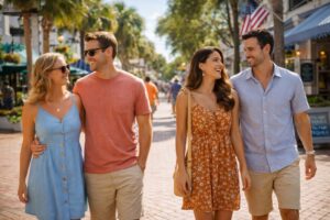 People enjoying a sunny weekend walking around historic downtown Stuart FL