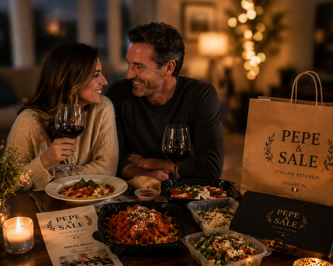 A cozy evening at home enjoying premium Italian takeout from Pepe and Sale in Stuart FL